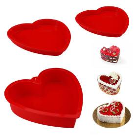 3 Pièces Moule Tarte Cœur, Rouge Revêtement Antiadhésif Moules à Gâteaux en Forme de Cœur, Moules à Gâteau en Silicone Design 3D