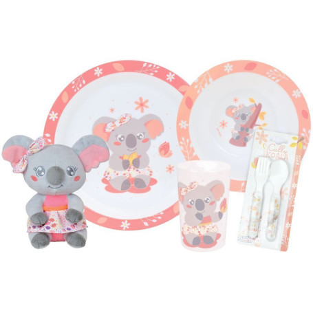 Lot vaisselle - FUN HOUSE - KOALA - Verre 220 ml, assiette creuse Ø 16 cm, assiette plate Ø 22 cm, couverts et peluche 22 cm
