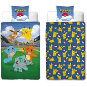 Parure de lit réversible - POKEMON - Pikachu et ses amis a l'Arena - Microfibre - 140 x 200 cm + 1 taie 63 x 63 cm