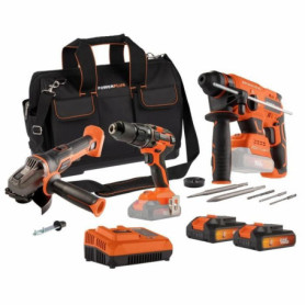 Pack 3 outils - DUAL POWER - 20 V - Perceuse/visseuse + meuleuse d'angle + marteau perforateur - 2 batteries et chargeur - Sac Pack 3 outils - DUAL POWER - 20 V - Perceuse/visseuse + meuleuse d'angle + marteau perforateur - 2 batteries et chargeur - Sac