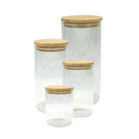 Set de 4 boîtes de conservation en verre - FACKELMANN - Nature - Couvercle en bambou Set de 4 boîtes de conservation en verre - FACKELMANN - Nature - Couvercle en bambou