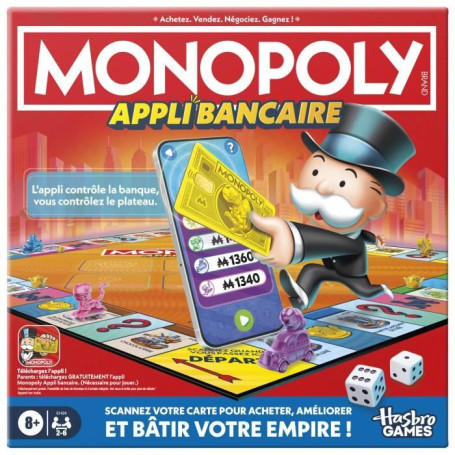 Monopoly Appli bancaire, jeu de plateau avec appli pour appareil type smartphone, des 8 ans