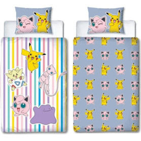 Parure de lit réversible - POKEMON - Pikachu, Mew, Togepi, Jigglypuff & Métamorph - Microfibre - 140 x 200 cm + 1 taie 63 x 63 c