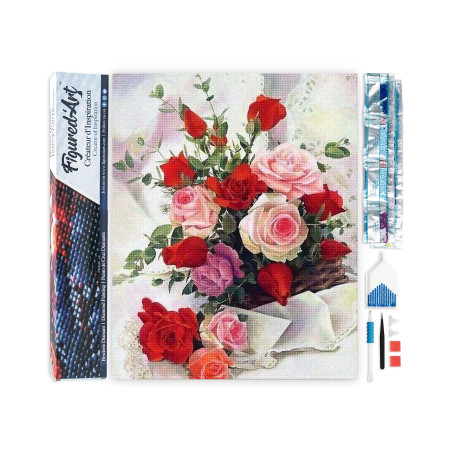 Figured’Art Diamond Painting Broderie Diamant 40x50cm Toile Entière Roulée avec Strass Perles Carrés - Roses Belles Fleurs - Kit