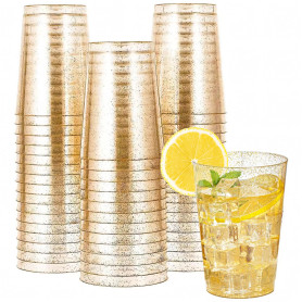 Bukuhlio Lot de 50 gobelets en Paillettes d'or - 280 ml - Réutilisables - Élégantes - Pour fête, champagne, bière, cocktail, mar