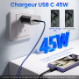 Chargeur USB C, 45W Chargeur Super Charge Rapide pour Samsung Galaxy S25,S24+,S24 Ultra,S23+,S23 Ultra, S22,S21,Note20 Prise Sec