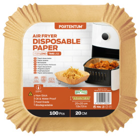 PORTENTUM Papier cuisson air fryer - 100 pièces Food-Grade BPA gratuit, 20 x 20cm, pour friteuse sans huile 5 à 8 litres - Idéal