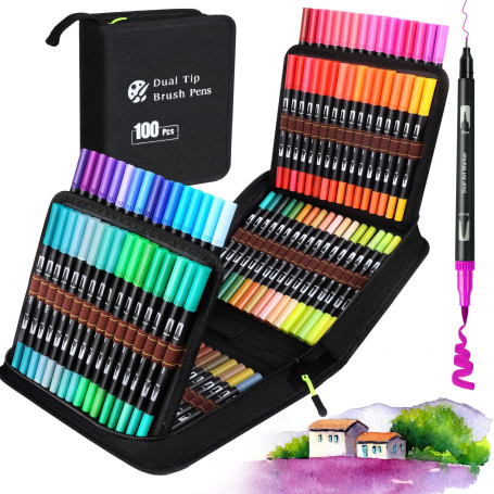Hymarvo 100 Couleurs Feutres Coloriage Enfants avec Adulte, Feutre Double Pointe Feutres Aquarelle Stylos Pointe Fine pour Dessi