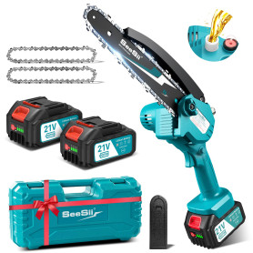 SEESII 8 Pouces Mini Tronçonneuse à Batterie 2x4000mAh, Tronçonneuse Électrique sans Fil avec Injecteur de Lubrifiant et Chaîne 