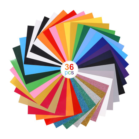 36 Feuilles Vinyle de transfert de chaleur, Livré avec 25 couleurs,Flex Thermocollant,Taille 30*14CM,Vinyle Thermocollant,Papier