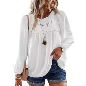 TUUHAW Tee Shirt Femme Boho Col Rond Top Manches Longues Dentelle Blouse Haut Chic et Élégant Chemise Automne Tunique