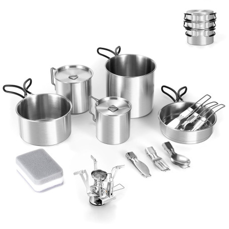 Odoland Lot de 13 casseroles et poêles de camping en acier inoxydable avec tasses et réchaud en acier inoxydable pour camping, r