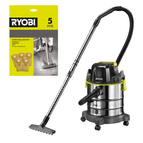 RYOBI - Aspirateur Eau et Poussière 18V ONE+ - Cuve Inox 18L, Livré avec Flexible, Tube Extensible, 5 sacs (sans Batterie ni Cha