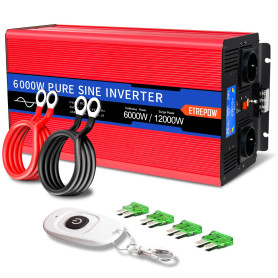 ETREPOW 6000W Convertisseur 24v 220v/230v Pur Sinus Onduleurs Transformateur -2 Prise EU de Courant Alternatif,1 Port USB,téléco
