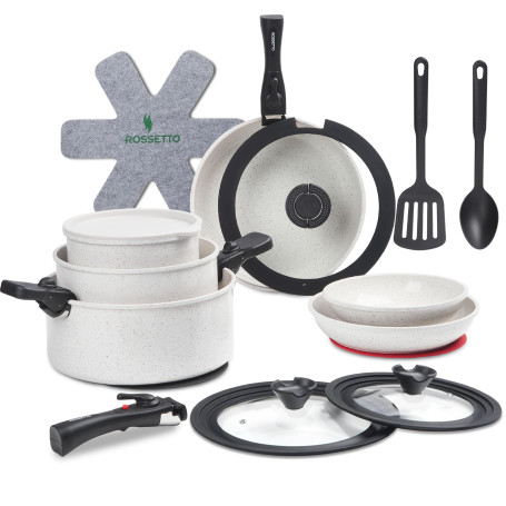 ROSSETTO – Set de cuisine comprenant 23 pièces. Une marmite, une sauteuse, des poêles et des casseroles le tout empliable, poign
