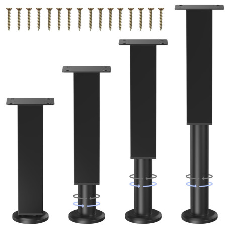 COEWUR 4 Pièces Pieds de Meubles Réglables 18cm-30cm Carré Pied de Sommier Metal avec Vis Noir Pieds Ajustables en Hauteur pour 