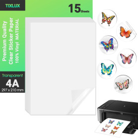 Tixlux 15 feuilles de papier autocollant en vinyle pour imprimante à jet d'encre, transparent, autocollant, sèche rapidement, co
