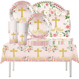 61 pièces Ensemble de vaisselle pour communion à motif floral, articles pour fête de baptême de nouveau-né, fête de communion, t