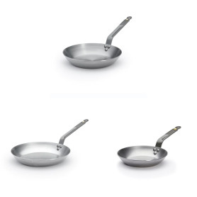 De Buyer - Lot de 3 Poêle en tôle d'acier Mineral B - 20, 26 et 28 cm- Fabriquées en France, Sans PFAS, Montée Rapide en Tempéra