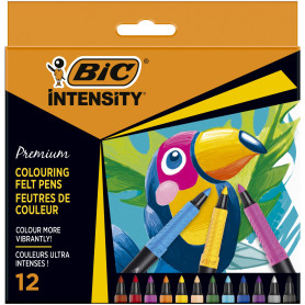 BIC Intensity - Feutre de Coloriage Pointe Conique Fine pour un Tracé Précis ou Large avec Corps Noir Mat - Couleurs Assorties, 