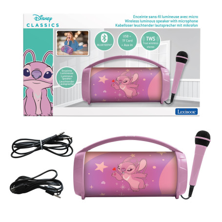 Lexibook, Disney Stitch, Enceinte Haut-Parleur sans Fil Lumineuse Angel avec Micro, Son stéréo, Fonction karaoké, Ports USB et C