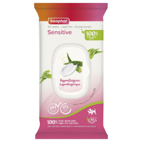 BEAPHAR – Lingettes Sensitive 100% végétales pour Chien et Chat – 98% Ingrédient naturels– Hypoallergéniques– À l'Aloe Vera et à