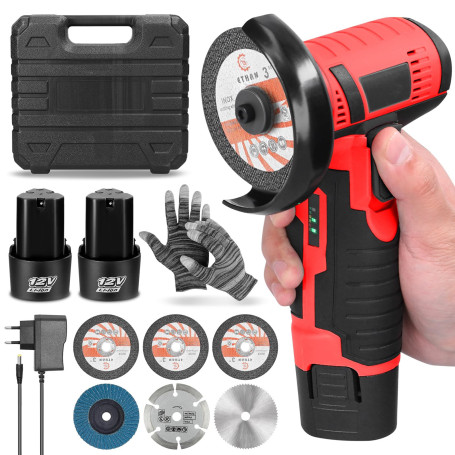 Mini Meuleuse D'Angle Sans Fil 19500RPM 12V Professional Disqueuse Sans Fil avec 2 batteries 2000mAh, 6 Disques à Tronçonner 76m