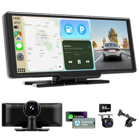 10,26 Pouces Ecran Carplay Voiture avec A-pple Carplay Android Auto sans Fil, Autoradio Bluetooth avec Caméra Avant 4K et Caméra