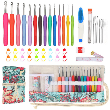 Coopay Kit de Crochet avec Sacoche - 14 Pièces 2,0-10 mm Aiguilles Ergonomiques pour Mains Arthritiques, Poignée Souple - Kit Dé