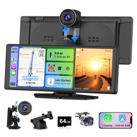 Hexinex Écran CarPlay Voiture 10,26" sans Fil, Compatible CarPlay & Android Auto, avec Dashcam Avant 4K et Caméra Arrière 1080P,