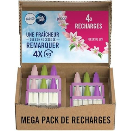 Febreze Désodorisant Électrique, Méga Pack de Recharges (4 Recharges de 20ml avec 3 Parfums en Alternance), Parfum Fleur de Lys,