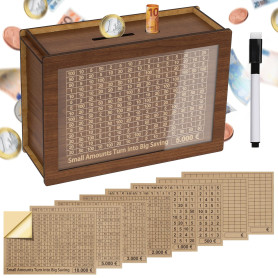 Alyvisun 5000€ Tirelire en Bois avec Marqueur et Autocollants, Tirelire Réutilisable avec Objectifs Chiffres D'épargne, Tireliur