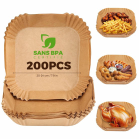 Papier Cuisson Air Fryer,200 Pièces 20×20cm Cuisson Paper Liner,Food-Grade BPA Gratuit,Jetable Antiadhésive Sans Huile Papier Pa