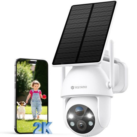 YESYAMO 2K Camera Surveillance WiFi Exterieure sans Fil Solaire, 2.4GHz Camera Exterieur Solaire avec Panneau Solaire, 360° PTZ,