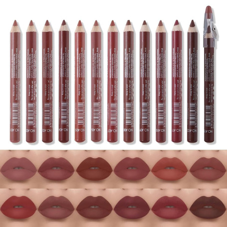 katiluxiya Lot de 12 crayons à lèvres imperméables avec couvercle, longue durée et imperméable, crayon à lèvres naturel Lip Line