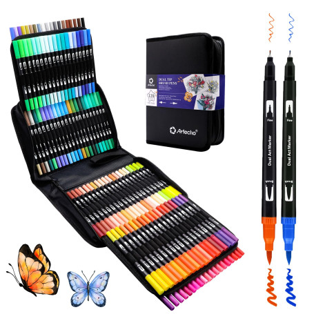 Artecho Feutre Coloriage Adulte, 120 Couleurs Double Pointe Feutre Aquarelle pour Dessin, Mandalas, Manga, Doodling et Calligrap