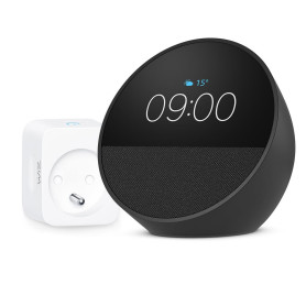 Echo Spot | Noir + WiZ Prise Connectée, Fonctionne avec Alexa - Kit de démarrage Maison connectée