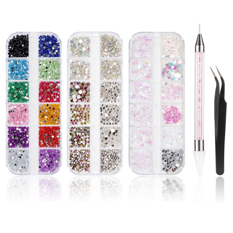 Lot de 5600 pierres strass pour ongles - 36 couleurs - Pierres à paillettes - Pour décoration des ongles - Avec stylo à cire pou
