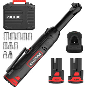 PULITUO Jeu de clés à cliquet électriques à col rallongé 12 V 3/8" avec 2 batteries de 2,0 Ah et charge rapide, cliquet sans fil