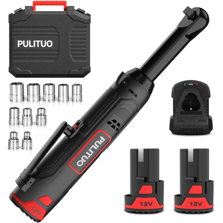 PULITUO Jeu de clés à cliquet électriques à col rallongé 12 V 3/8" avec 2 batteries de 2,0 Ah et charge rapide, cliquet sans fil