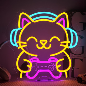 Looklight Panneau néon LED « Gaming Cat » - Pour décoration, néon - À intensité variable - Avec USB - Pour salle de jeux, chambr