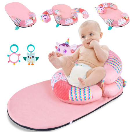 Zoelele Jouet Bebe 0-3-6-9 Mois, 3 en 1 Tummy Time Licorne Tapis d eveil Bebe avec Anneau Dentition, Hochet et Miroir, Jeux Bébé