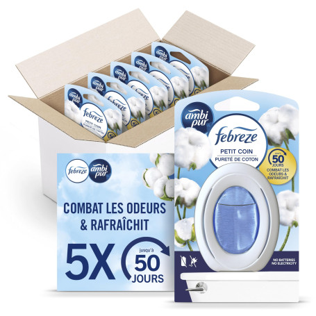 Febreze Petit Coin, Désodorisant WC En Continu (7.5ml x5), Parfum Pureté de Coton, Combat Les Odeurs en Continu, Fraîcheur Jusqu