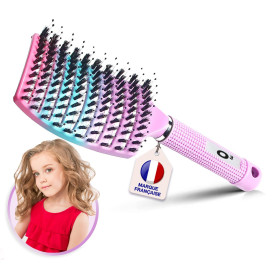 Brosse Cheveux demelante Magique [ Brosse ROSE Arc-en-Ciel NE TIRE PAS ] Poil de Sanglier 100% Naturelle - Pour démêler en douce