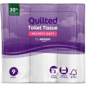 by Amazon Papier Toilette, 3 Épaisseurs Matelassé, Doux et Soyeux, 9 Rouleaux (1 Paquets de 9), 200 Feuilles par Rouleau, Certif