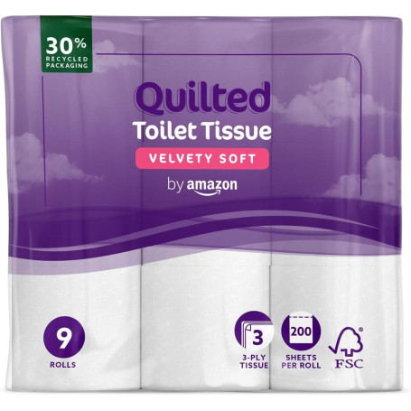 by Amazon Papier Toilette, 3 Épaisseurs Matelassé, Doux et Soyeux, 9 Rouleaux (1 Paquets de 9), 200 Feuilles par Rouleau, Certif