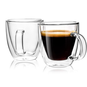 Stylusella Tasses à café en verre à double paroi de 150 ml, lot de 2 tasses isothermes avec poignées, Tazas de Cafe Con Estilo