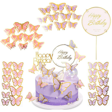 COYUN 63 Pcs Decoration Gateau Anniversaire,Papillon Decoration Gateau,Papillon Décoration Gâteau de Mariage,Decoration Gateau A
