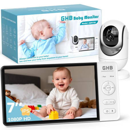 GHB Babyphone Camera 7" 350° Rotation Caméra Bebe Surveillance 1080P Écran IPS HD 5000mAh Zoom 4X 8 Berceuses Vision Nocturne VO