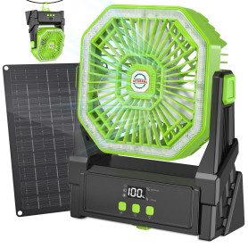 Astarama Ventilateur solaire de 10 000 mAh avec panneau solaire de 10 W et lumière, ventilateur à 4 vitesses à piles avec écran 
